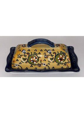 Anthropologie Covered Ceramic Butter Dish Lid Floral Design Blue & Yellow